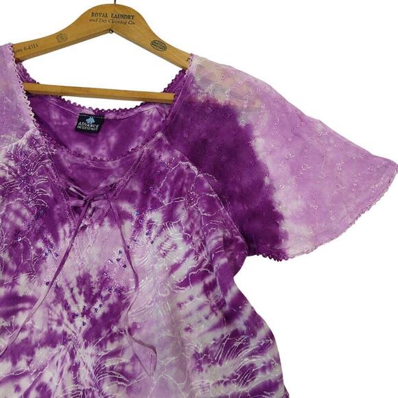 Vintage Lace Up Tunic Top One Size Whimsygoth Whimsical Purple Flutter Sleeve - Picture 2 of 9